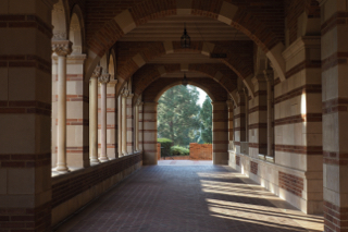 A view down a corridor on UCLA&rsquo;s campus